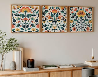 Scandinavian Folk Art Wall Art Set of 3: Colorful Floral Botanical Prints for Home Decor
