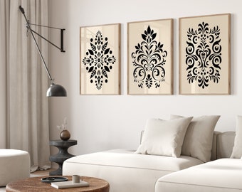 Scandinavian Ornaments Folk Art Canvas Prints Set of 3, Norwegian Wall Art, Bedroom Living Room Kitchen Decor, Beige & Black Art Print