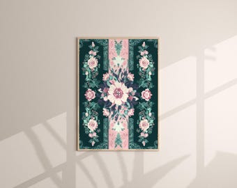 Traditional Folk Antique Vintage Textile Canvas Wall Art, Ethnic Pattern Fabric Art Print, Floral Pattern Home Living Room Decor