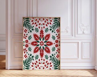 Christmas Floral Pattern Wall Art: Red and Green Snowflake Print, Holiday Winter Decor