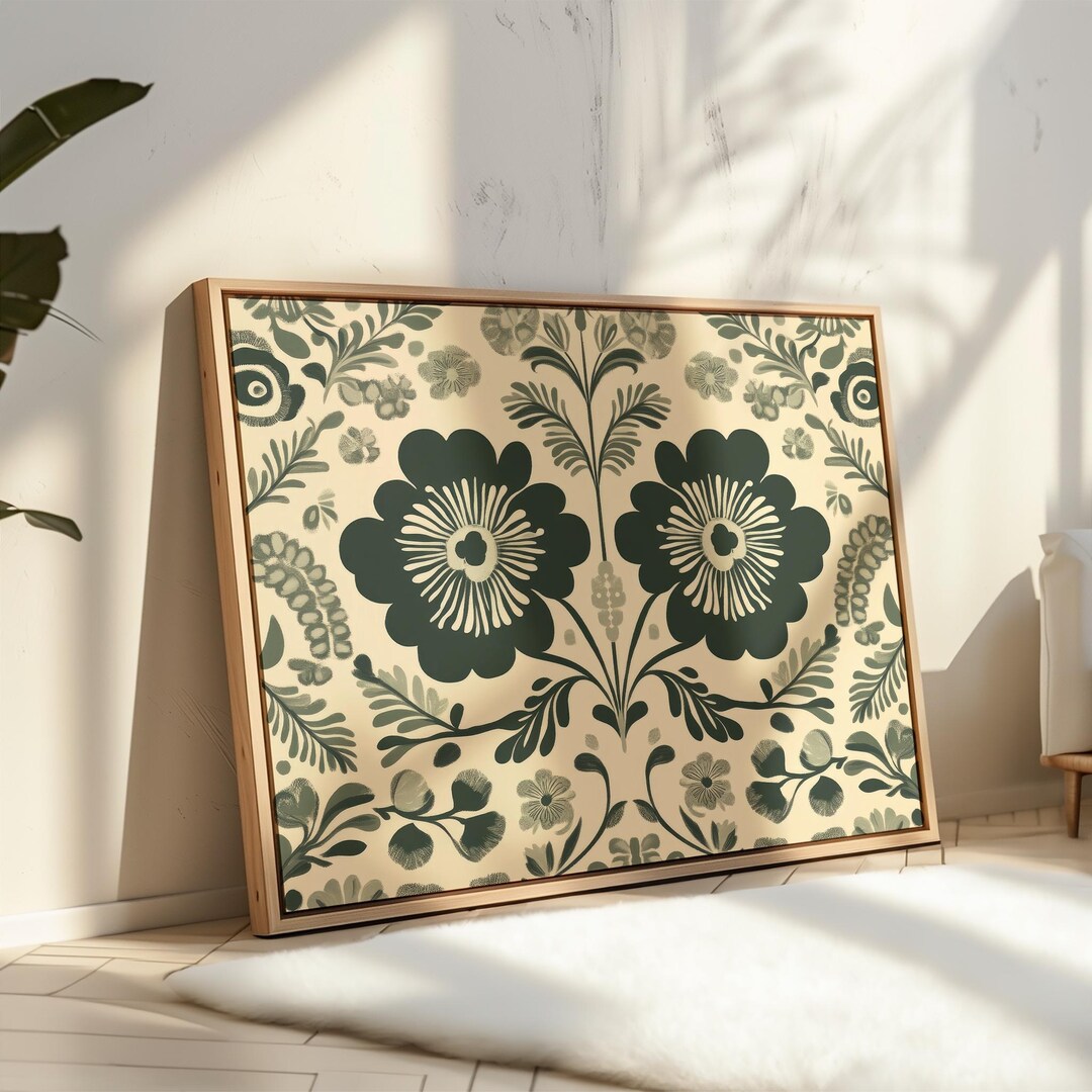 Scandinavian Folk Art Floral Wall Art: Nordic Green Botanical Print - Etsy