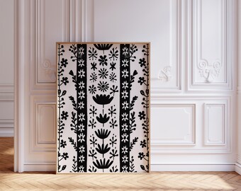 Scandinavian Floral Folk Art Canvas Wall Art Print, Nordic Prints, Bedroom Living Room Home Decor, Black & White Norwegian Art