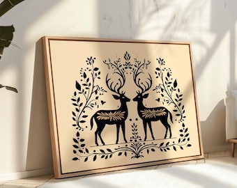 Scandinavian Folk Art Deer Print - Nordic Wall Decor, Rustic Woodland Animal Poster, Brown & Beige Nature Illustration, Hygge Home Decor