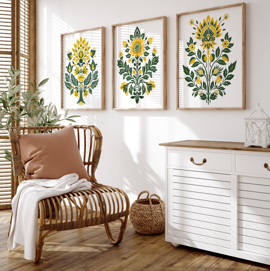 Scandinavian Folk Art Print Set of 3: Nordic Green Yellow Floral Wall ...