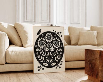 Scandinavian Folk Art Floral Canvas Wall Art Print, Nordic Print, Bedroom Living Room Home Decor, Norwegian Art Gift