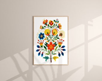 Folk Art Flower Canvas Wall Art Print, Mexican Wall Art, Bedroom Living Room Home Cafe Decor