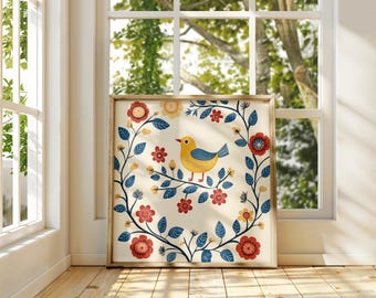 Scandinavian Folk Art Wall Art: Nordic Folk Bird Decor, Botanical Floral Print, Cottagecore Home Decor