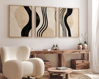 Modern Neutral Abstract Canvas Wall Art Print, Boho Prints, Beige & Black Bedroom Living Room Home Decor, Minimalist Canvas Wall Art
