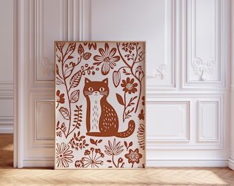 Folk Art Cat Print - Scandinavian Animal Wall Art, Floral Cat Illustration, Hygge Home Decor, Nordic Botanical Art in Brown & White