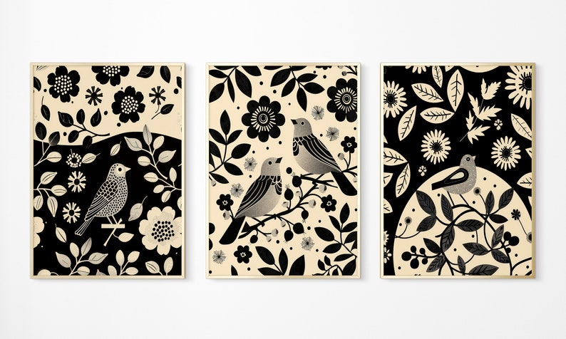 Norwegian Folk Art Floral Bird Print Set of 3, Nordic Wall Art, Bedroom ...