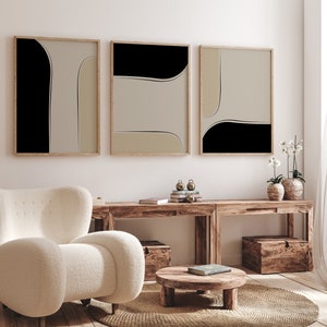 Modern Minimalist Abstract Canvas Wall Art Print Set of 3, Mid Century Prints, Beige Bedroom Living Room Home Decor