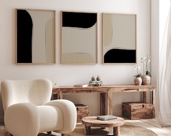 Modern Minimalist Abstract Canvas Wall Art Print Set of 3, Mid Century Prints, Beige Bedroom Living Room Home Decor