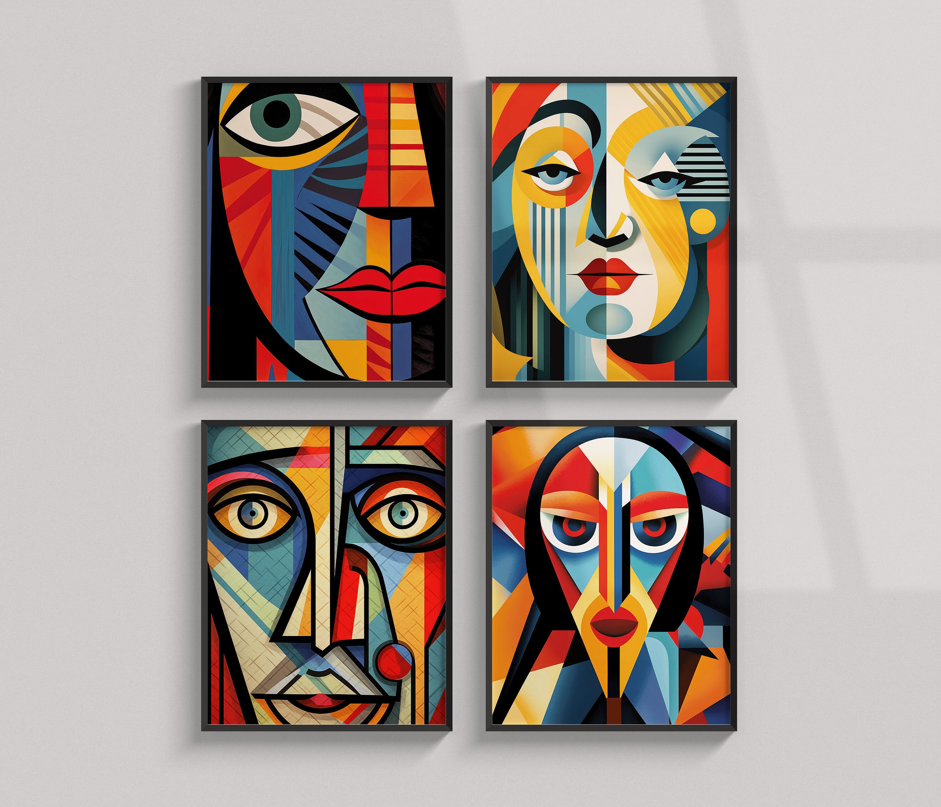 Cubism Wall Art Set of 4, Vibrant Colors, Bedroom Living Room Home