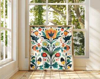 Scandinavian Folk Art Floral Print - Nordic Wall Art, Colorful Botanical Illustration, Hygge Home Decor