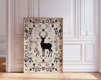 Whispering Deer | Scandinavian Deer Wall Art, Nordic Folk Art Print, Black Floral Silhouette, Rustic Forest Decor, Hygge Home Style