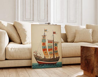 Scandinavian Folk Art Ship Print - Nautical Wall Art, Vintage Sailing Boat Decor, Coastal Ocean Illustration, Hygge Home Style