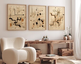 Abstract Geometric Canvas Wall Art Set of 3 - Modern Line Art Prints, Neutral Minimalist Tech-Inspired Decor, Mid Century Modern Wall Art