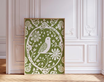Scandinavian Folk Art Bird Print - Nordic Floral Wall Art, Hygge Home Decor, Green Botanical Poster, Modern Folk Art