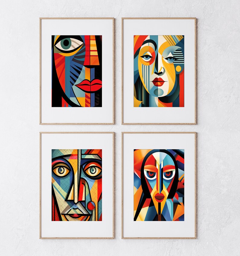 Cubism Wall Art Set of 4, Vibrant Colors, Bedroom Living Room Home