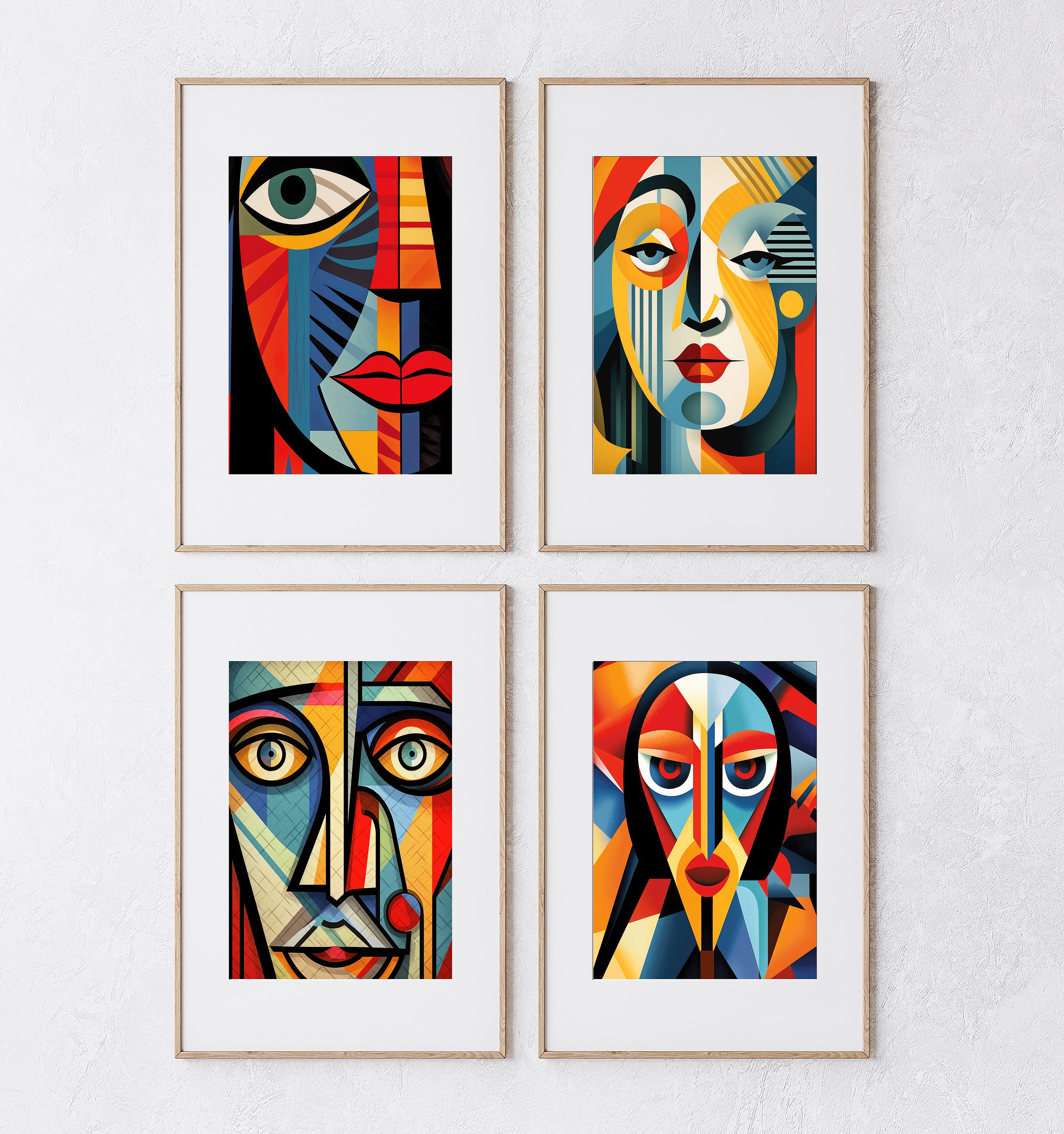 Cubism Wall Art Set of 4, Vibrant Colors, Bedroom Living Room Home