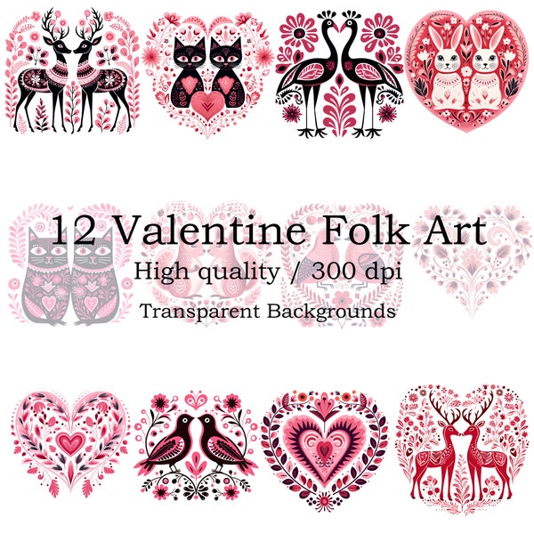 Valentines Day Folk Art Clipart, Nordic Prints, Bedroom Living Room Home Decor, 12PNG Instant Download for Commercial Use