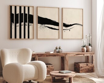 Minimalist Abstract Wall Art Set of 3 - Modern Black and Beige Prints, Neutral Boho Home Decor, Contemporary Art for Living Room or Office
