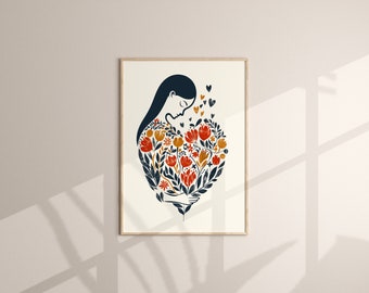 Scandinavian Folk Art Mother and Child Print - Mother's Day Gift, Floral Embrace Wall Art, Nordic Maternity Illustration, Boho Hygge Decor