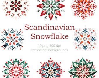 Scandinavian Folk Art Christmas Snowflake Clipart, Nordic Prints, Bedroom Living Room Cafe Decor, 40 PNG Instant Download