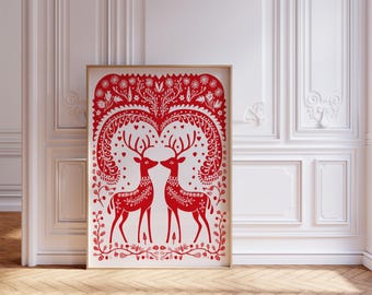 Folk Art Reindeer Couple Wall Art: Red and White Scandinavian Print, Holiday Winter Decor