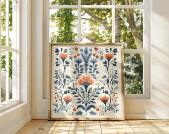 Scandinavian Folk Art Floral Print - Nordic Wall Art, Vintage Botanical Illustration, Hygge Home Decor