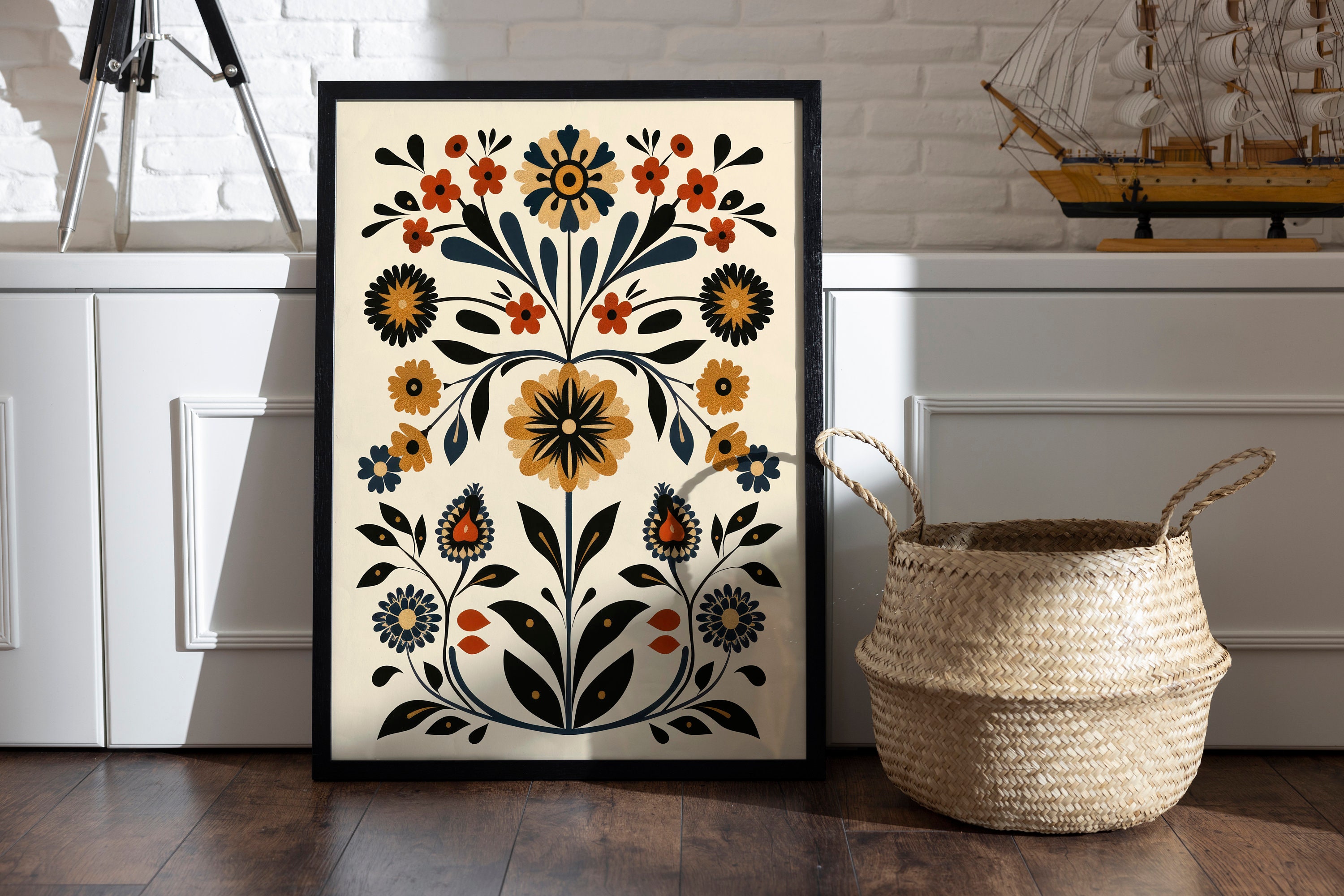Scandinavian Folk Art Flower Wall Art, Nordic Prints, Bedroom Living ...