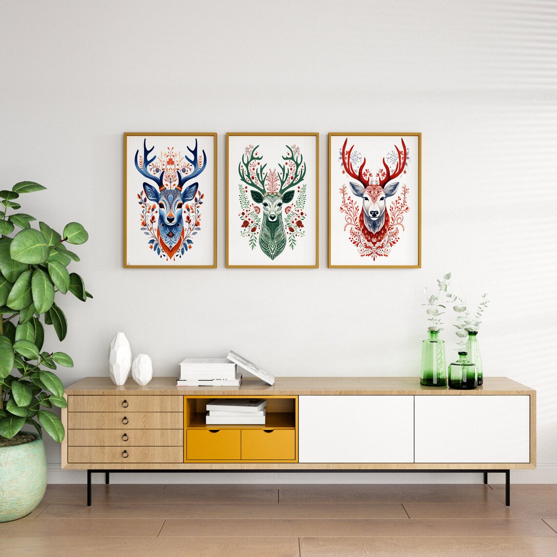 View of Scandinavian Folk Art Reindeer Wall Art Set of 3, Nordic Christmas ...