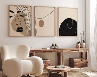 Modern Abstract Woman Canvas Wall Art Print, Geometric Shapes Art Prints, Beige & Black Bedroom Living Room Minimalist Boho Home Decor