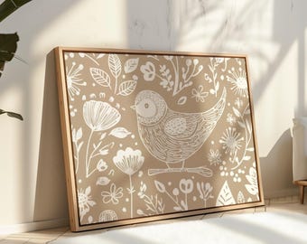 Scandinavian Folk Art Bird Canvas Wall Art Print, Light Brown Abstract Floral Bird, Nordic Art, Home Living Room Decor