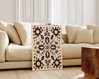 Folk Art Floral Canvas Wall Art Print, Nordic Print, Bedroom Living Room Home Decor, Boho Decor, Scandinavian Decor