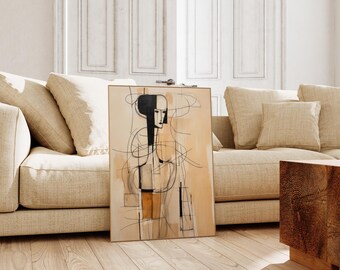 Abstract Female Portrait - Expressive Minimalist Line Art, Modern Cubist Wall Art, Neutral Aesthetic Artwork for Contemporary Spaces