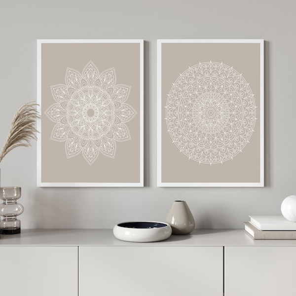 Beige White Printable Wall Art Set of 2, Neutral Mandala, Boho Bedroom Living Room Wall Decor, Digital Printable Art -