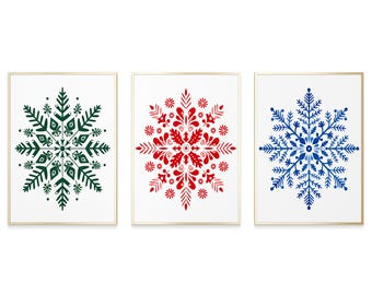 Christmas Snowflake Canvas Wall Art Print Set of 3, Nordic Prints, Scandinavian Folk Art Prints, Bedroom Living Room Decor
