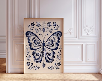 Scandinavian Folk Art Floral Butterfly Navy Blue Canvas Wall Art Print, Nordic Print, Bedroom Living Room Home Decor