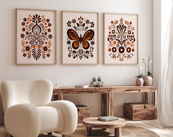 Scandinavian Folk Art Flower Butterfly Beige Canvas Wall Art Set of 3, Nordic Print, Bedroom Living Room Home Decor