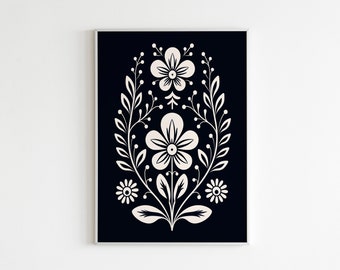 Scandinavian Folk Art Print - Nordic Floral Wall Art, Black & Beige Botanical Decor, Minimalist Hygge Style, Bedroom and Living Room Decor