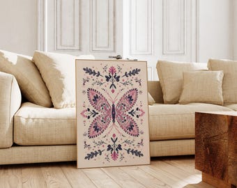 Scandinavian Folk Art Vintage Floral Pink Butterfly Canvas Wall Art Print, Bedroom Living Room Home Decor, Norwegian Canvas Art Print