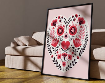 Valentines Day Canvas Wall Art Print, Pink Floral Heart Print, Bedroom Living Room Cafe Home Decor, Scandinavian Folk Art, Gift