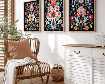 Scandinavian Folk Art Print Set of 3 - Nordic Floral Wall Art, Black Background Hygge Decor, Colorful Rosemaling Botanical Prints
