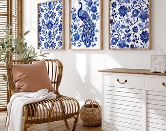 Blue & White Peacock Floral Art Prints - Spanish Talavera Style Set