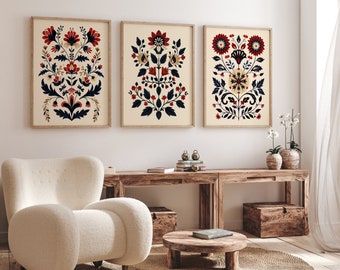 Scandinavian Folk Art Print Set of 3 - Nordic Floral Wall Art, Kurbits & Rosemaling Inspired Vintage Decor, Hygge Botanical Prints
