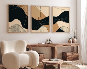 Modern Abstract Line Art Canvas Wall Art Print, Beige & Black Bedroom Living Room Minimalist Boho Home Decor - Canvas Wall Art