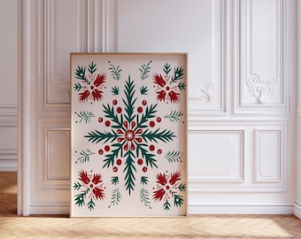 Christmas Folk Art Wall Art: Scandinavian Floral Snowflake Print, Nordic Holiday Decor