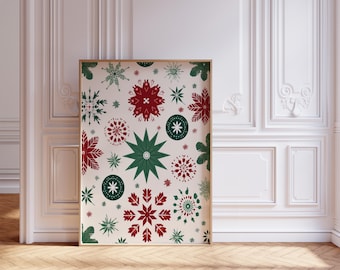 Christmas Folk Art Wall Art: Scandinavian Floral Snowflake Pattern Print, Nordic Holiday Decor
