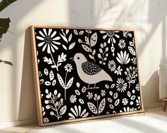 Scandinavian Folk Art Bird Print - Black & White Nordic Floral Wall Art, Minimalist Botanical Poster, Hygge Home Decor